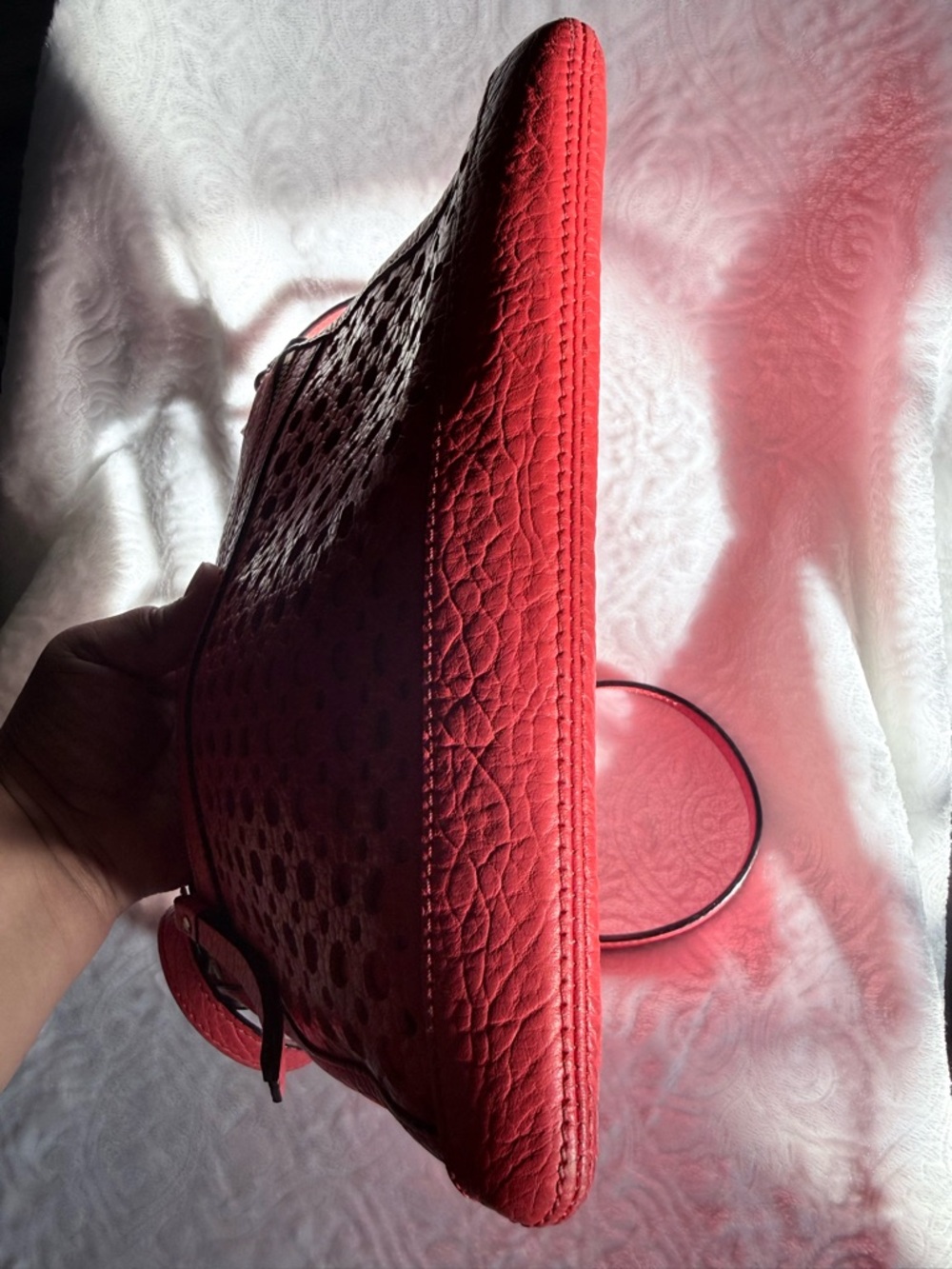 Kate Spade Red Crossbody Bag Pebbled Leather Perforated Front Zip - Picture 10 of 11